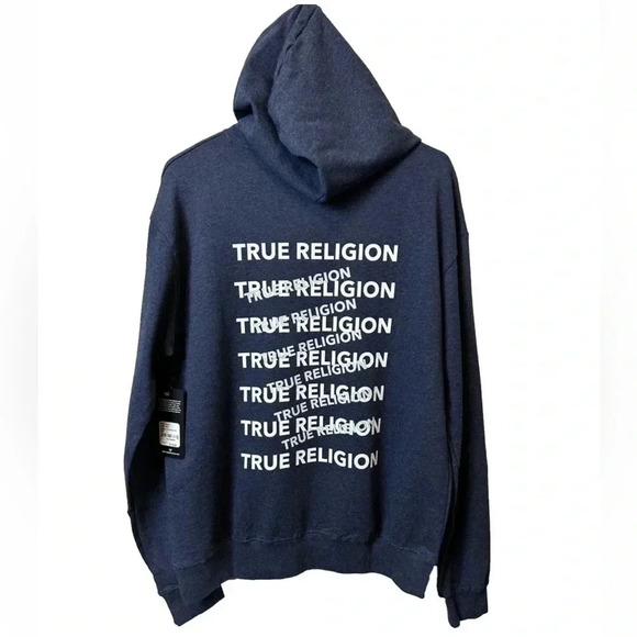 NWT True Religion Navy Blue Pullover Hoodie. Print On Back Horseshoe Logo Front - Picture 3 of 8